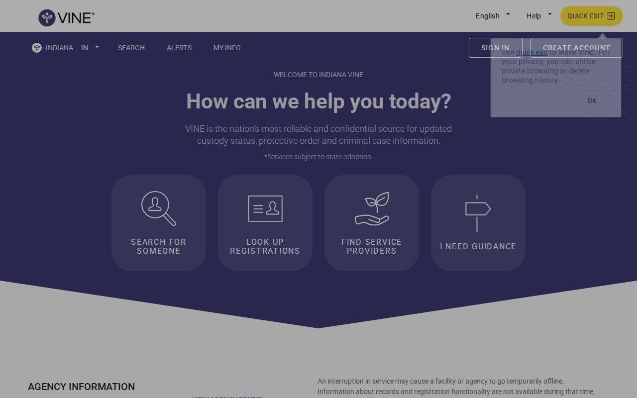 Indiana VINE Huntington County custody search and notification interface