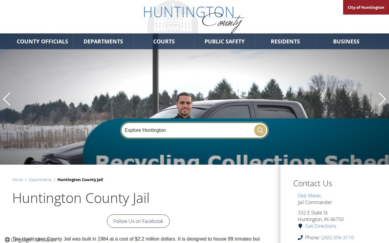 Huntington County Jail official custody and booking information page