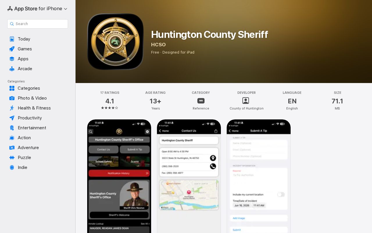 Huntington County Sheriff official app listing for alerts and reports