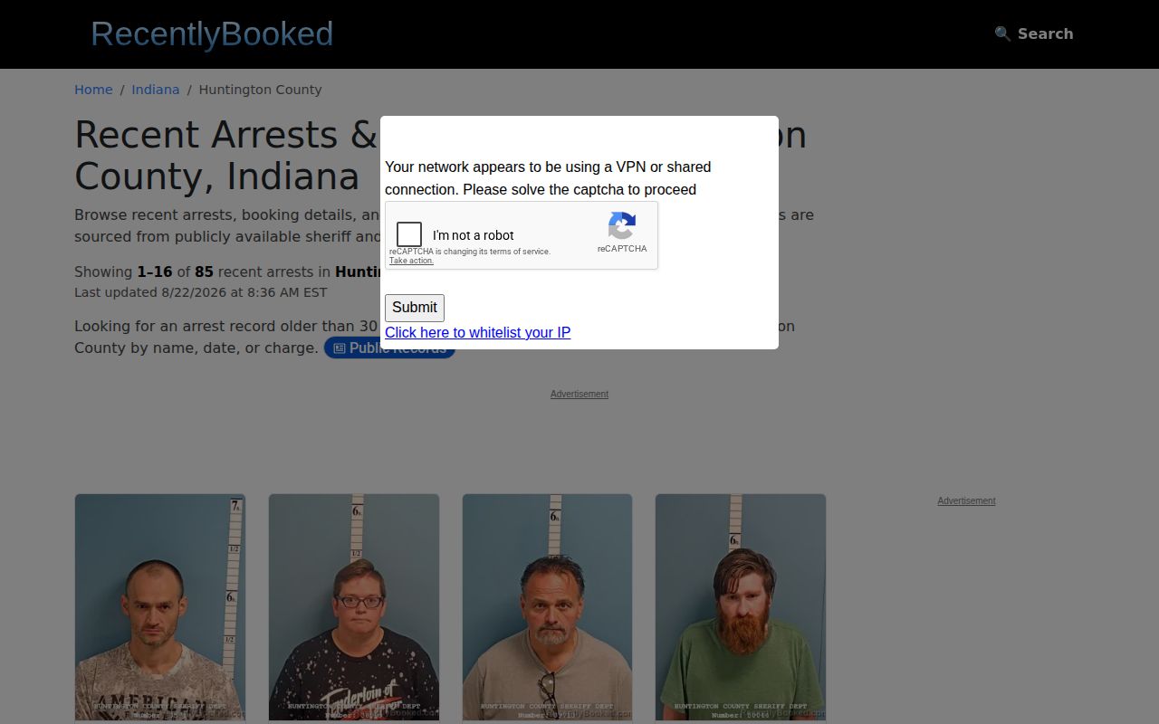 Unofficial Recently Booked Huntington County booking page